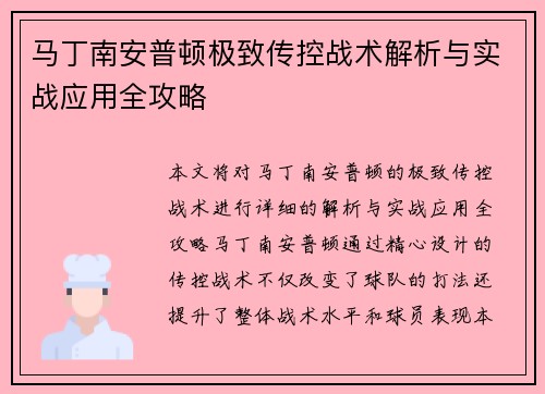 马丁南安普顿极致传控战术解析与实战应用全攻略