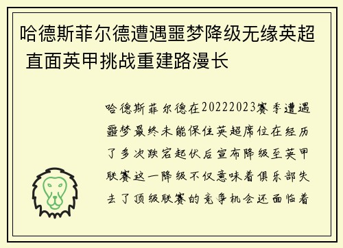 哈德斯菲尔德遭遇噩梦降级无缘英超 直面英甲挑战重建路漫长